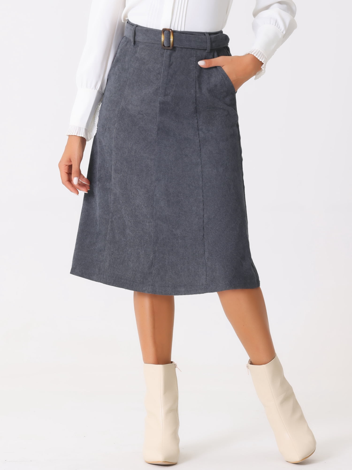 DARING DIVA Women's A-Line Belted Fall Midi Corduroy Skirt L Dark Grey