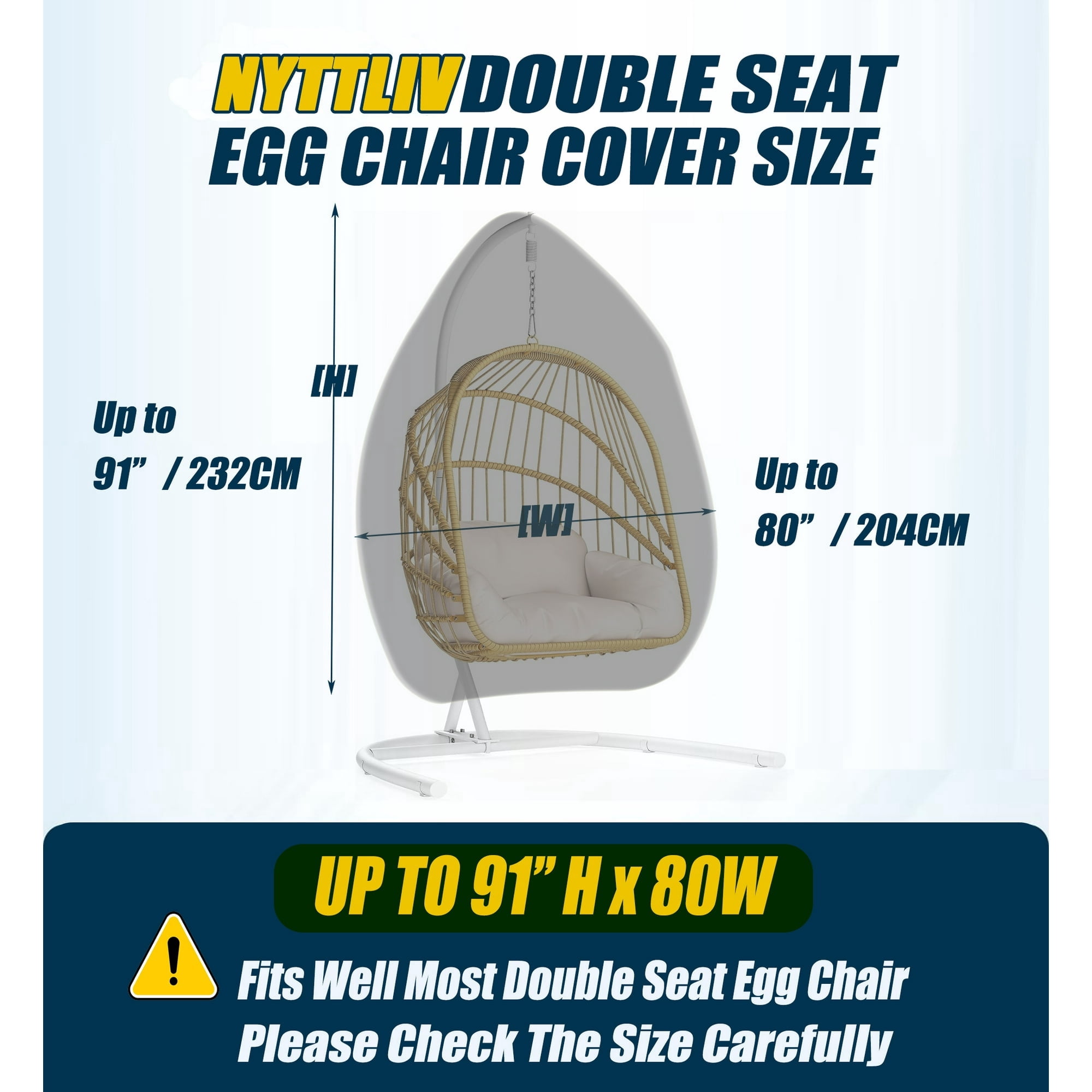 Patio Hanging Egg Chair Cover Double Seat , 600D Heavy Duty Waterproof Outdoor Double Seat Wicker Swing Egg Chair with Stand Protector Fits up to 91L x 80W Inch