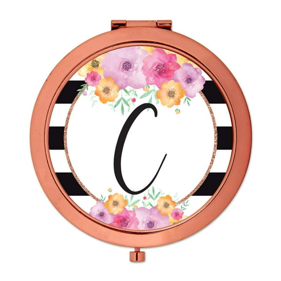 Koyal Wholesale Compact Mirror Bridesmaid's Wedding Gift, Rose Gold, Monogram Letter C, Modern Black White Stripes