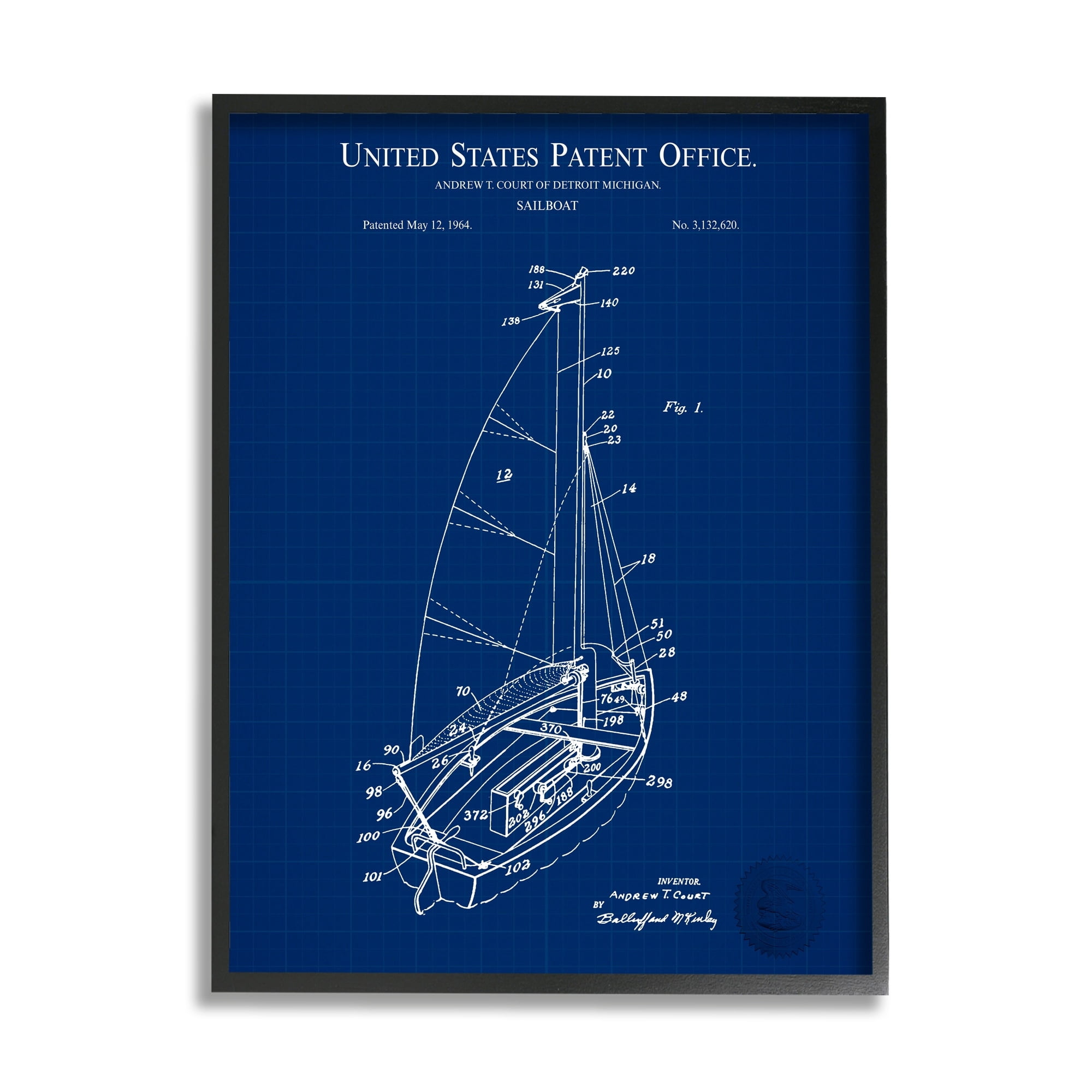 Stupell Industries Sailboat Watercraft Blue Patent Office Diagram Blueprint Framed Wall Art, 24 x 30, Design by Karl Hronek