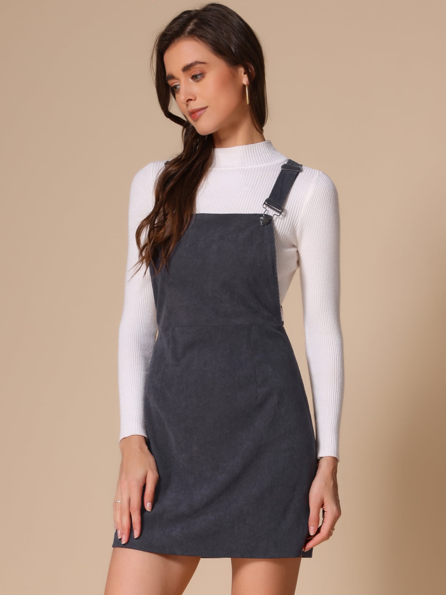 DARING DIVA Women's Adjustable Strap Pinafore Bib Corduroy Overalls Dress XL Deep Grey
