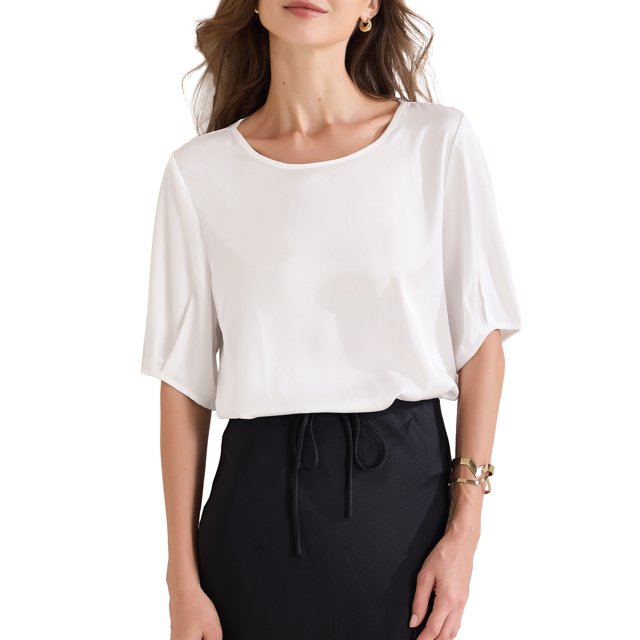 INSPIRAR CHIC Blusa de Trabajo Elegante de Cuello Redondo y Manga Corta para Mujeres M Blanca