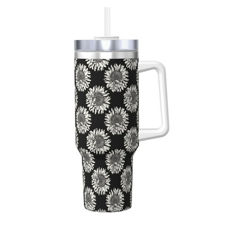 

Sikiie White Sunflowers Insulated Stainless Water Bottle Lid Travel Mug Cup Insulated Tumblers Cup 40oz Ice Bully With Handle