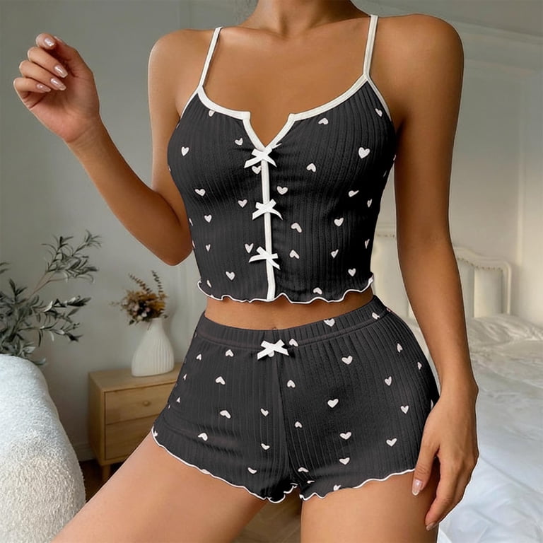 Rggeeun Womens Ribbed Pajamas Set Heart Pattern Spaghetti Straps Crop ...
