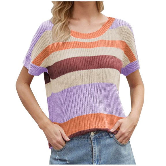 Womens Short Sleeve Tops, Short Sleeve Knit Tops for Women Striped Print Fashion Crew Neck Sweater Casual Loose Soft Comfy Pullover Shirts