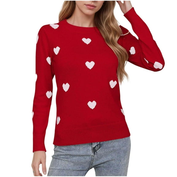 GUZOM Sweaters Womens Red Heart Pattern Sweater - 100% Polyester Crew Neck Long Sleeve, Soft Durable, Valentine's Day Casual Wear, S/M/L/XL Sizes,Size S