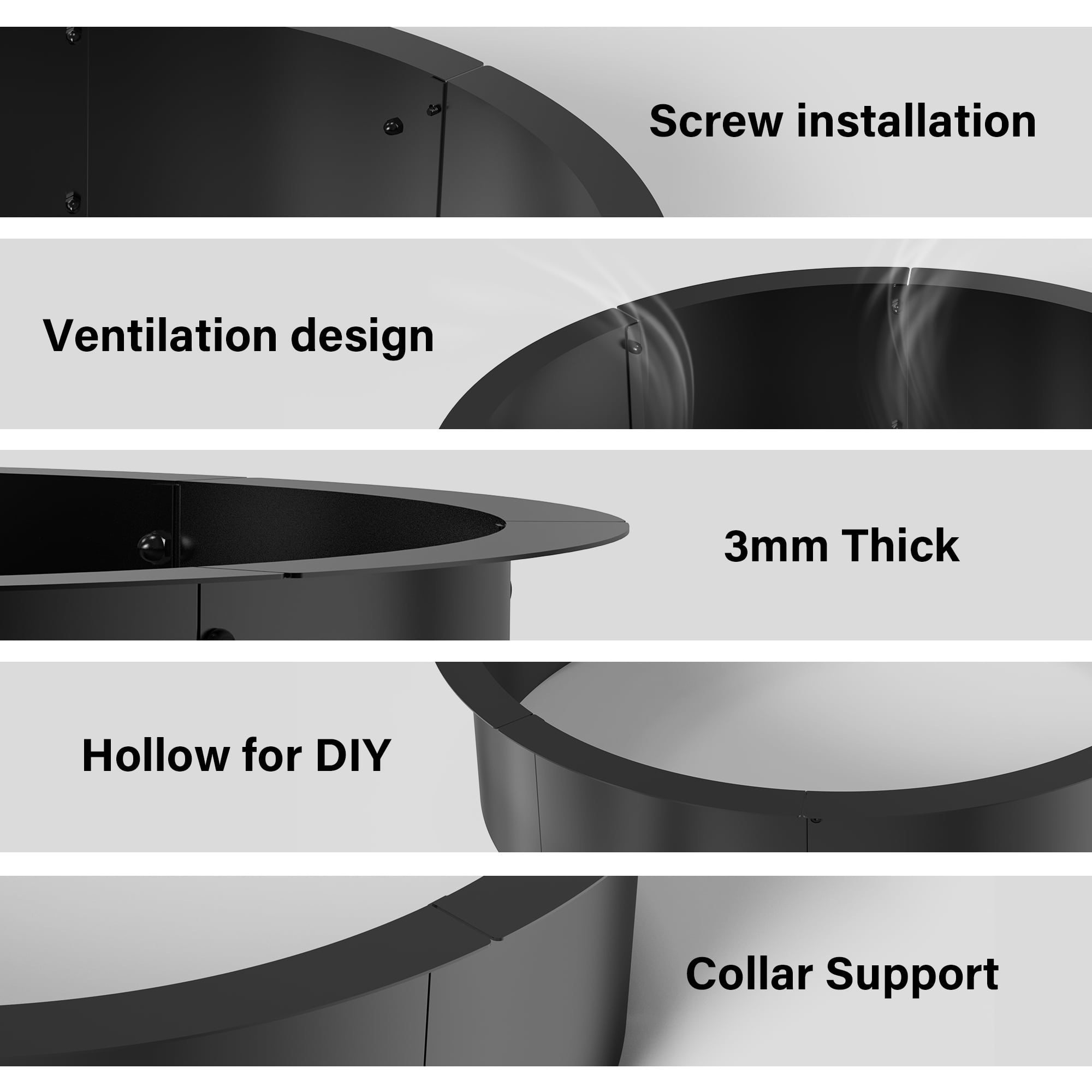 Fire Pit Ring for DIY Smokeless Wood Burning Fire Pit Liner with Collar Support, 3mm Thick Heavy Duty Solid Steel Firepit Rim In-Ground Bonfire Outdoor Camping Cooking Patio Backyard, 39" Black