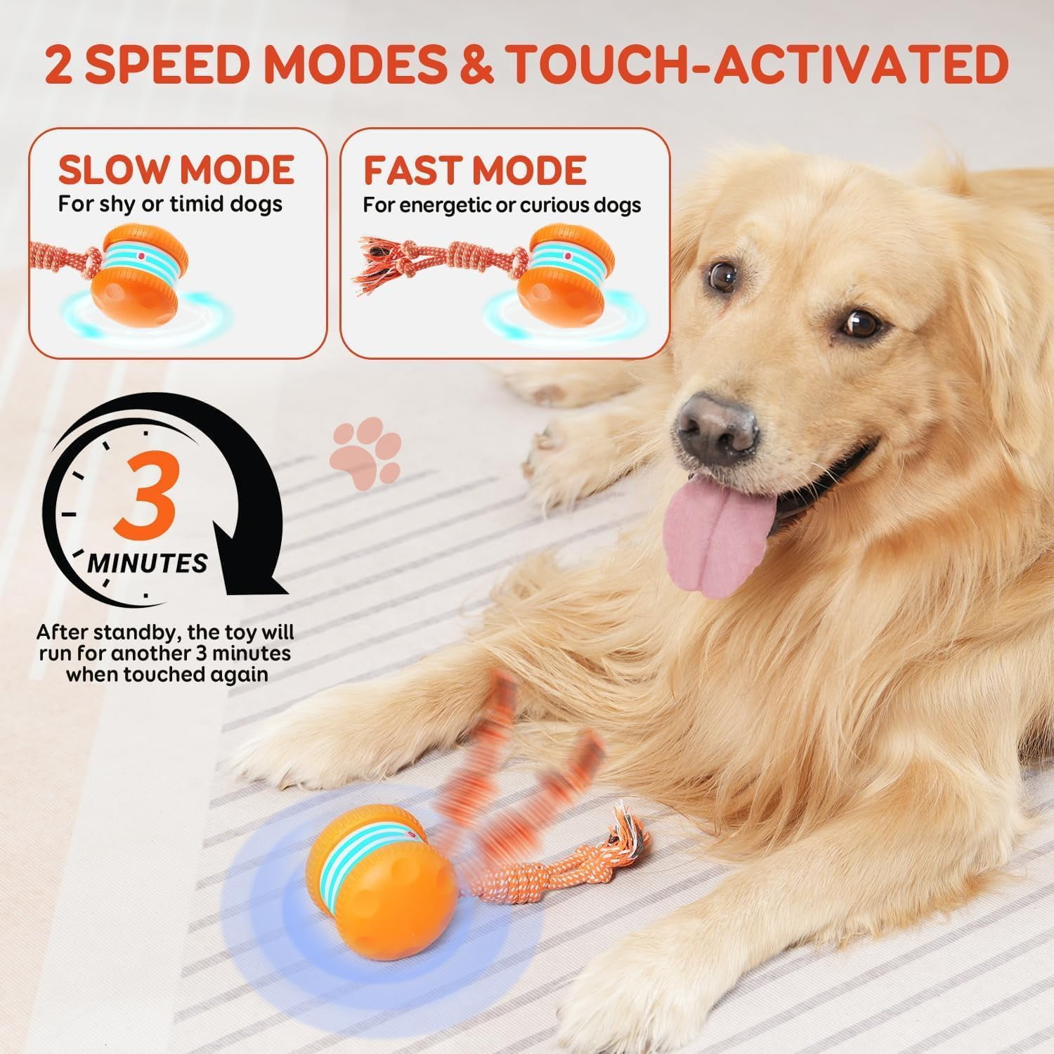 Interactive Dog Toys, Random Path Electric Automatic Moving and Rolling Dogs Toy with Rope for Small Medium Large Dogs, Motion-Activated Stimulation Boredom Relief (Orange)
