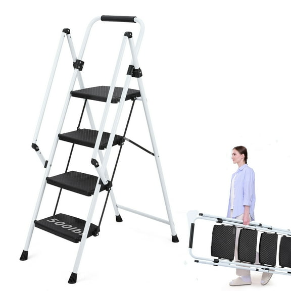 PUKNLY 4-Step Steel Ladder with Anti-Slip Wide Pedals & Safety Handle - 300lb Capacity Folding Step Stool, Lightweight Portable Ladder for Household Kitchen Use,White,4-Step