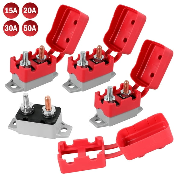 Evjurcn 4Pcs Automatic Reset Circuit Breaker with Cover Stud Bolt DC 6-48V 15/20/30/50A IP66 Waterproof Auto Reset Breaker Safe Automotive Circuit Breaker for Car Marine Boat Truck