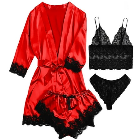 Sexy Lingerie  LOFIR Silk Satin Pajamas for Women  Womens Summer Pajamas Pjs Sets of 4 Pcs with Floral Lace Top Shorts and Robe  Gift for Women  Black  L