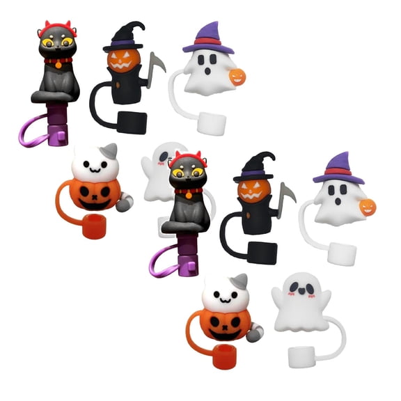 10Pcs Halloween Silicone Straw Covers 0.39" Pumpkin Ghost Bat Straw Toppers For Stanley Cups, Dust-Proof Reusable Straw Caps For 30 & 40 Oz Tumblers, Fun Party Drink Accessories