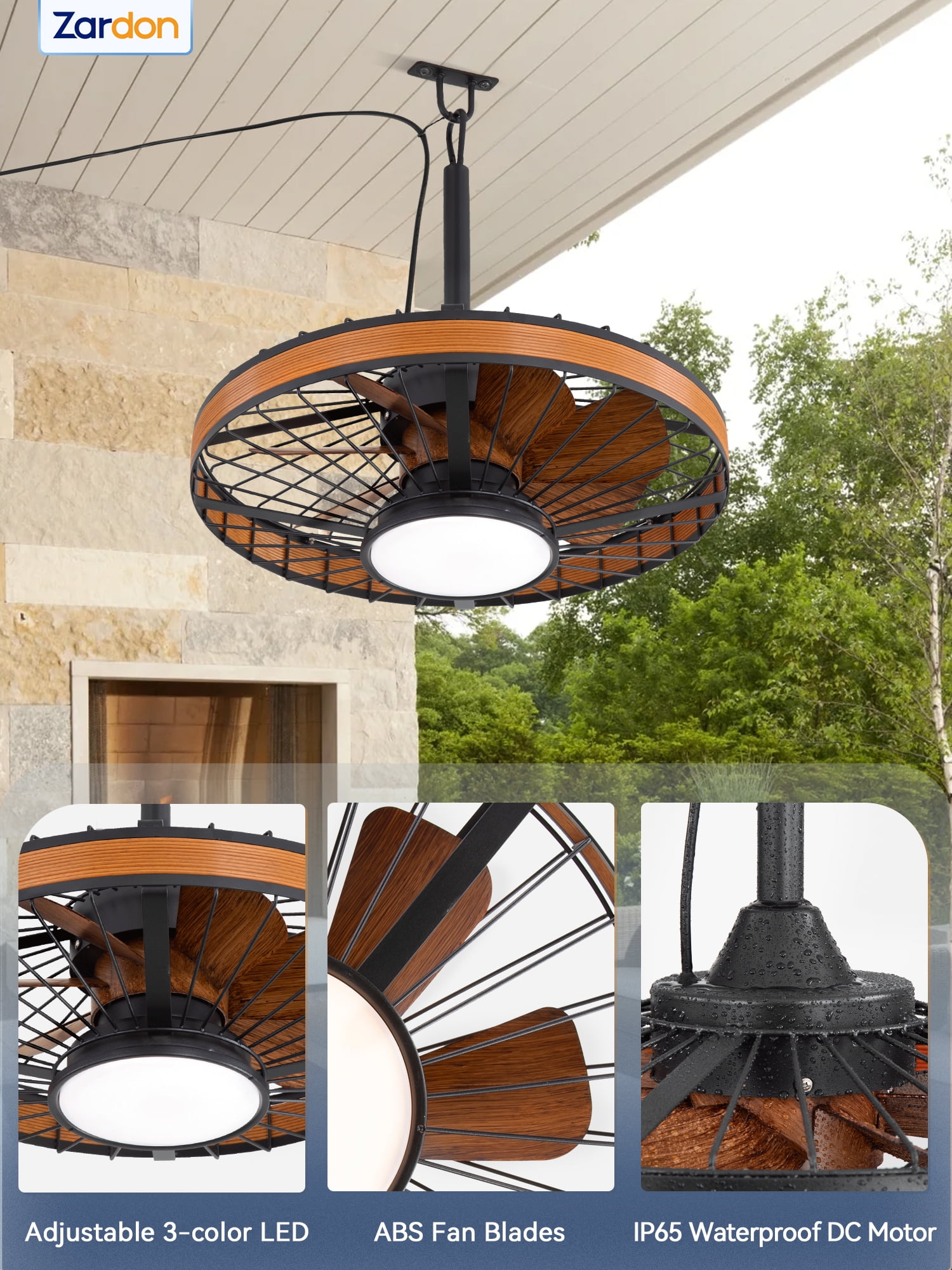 Zardon 20" Outdoor Ceiling Fan with Light and Remote, 7 Blades Caged Waterproof Gazebo Fan for Patio, Porch, Pergola Canopy, App Control