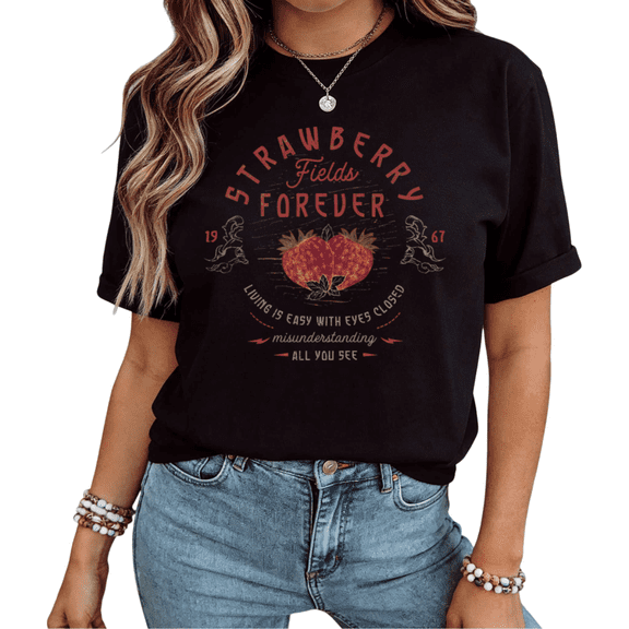 Giffimy Women Strawberry Fields Forever 1967 Retro Strawberry Graphic Short Sleeve T-Shirt Casual Cotton Crewneck fun Top Black S-5XL