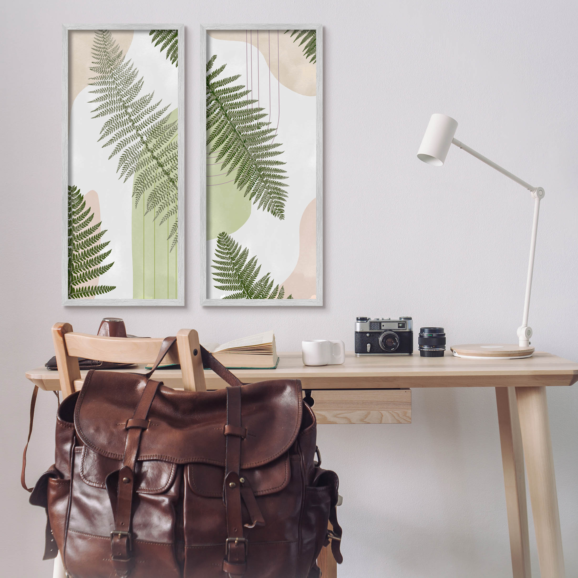 Fern Leaves Pastel Geometric Botanical & Floral Graphic Art Gray Framed Art Print Wall Art, Set of 2