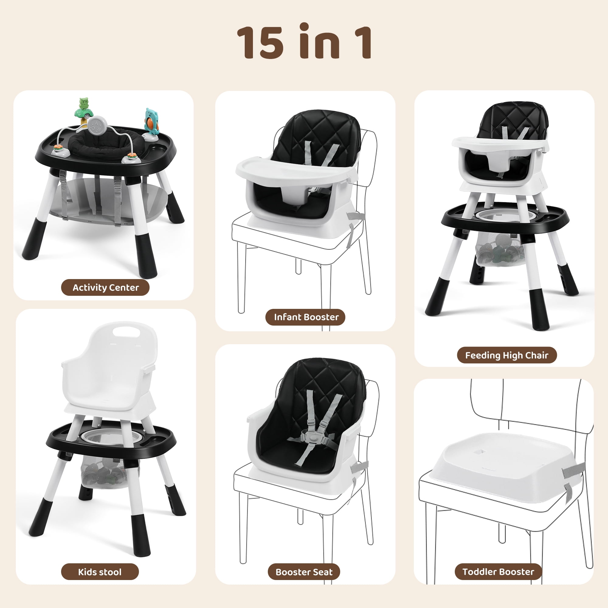 AILEEKISS 15-in-1 Baby High Chair, Toddler Dining Booster Seat with Activity Center, Black