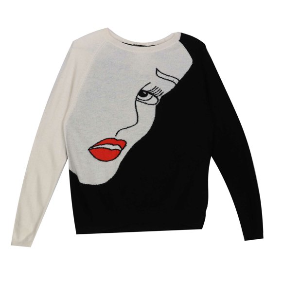 Brodie Chandail à Col Rond Pop Art Rouge à Lèvres Visage / Noir pour Femmes - TP