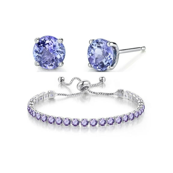 Paris Jewelry 18k White Gold 6 Ct Created Tanzanite Round Adjustable Tennis Bracelet and Earrings Set Plated