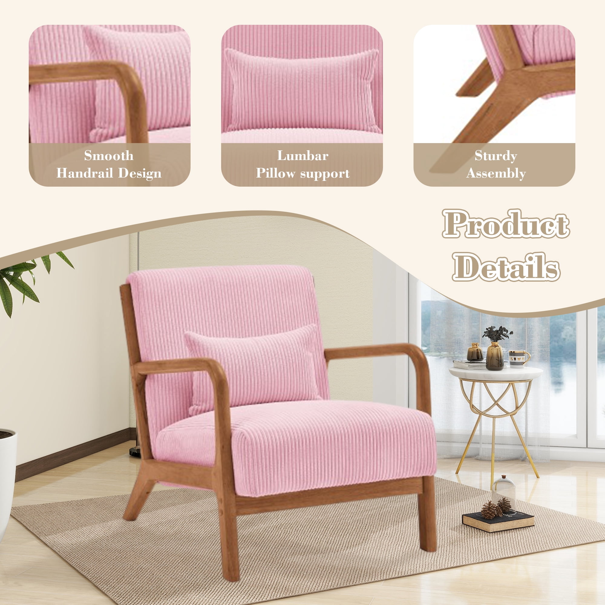 MOONMISS Mid Century Modern Accent Chair for Living Room Bedroom, Pink
