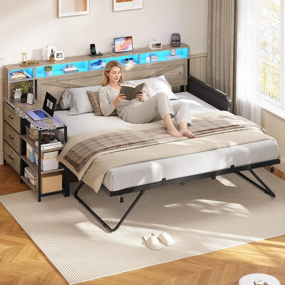 Daybed Twin with Pop Up Trundle, Farmhouse Wooden Day Bed Frame with 3 Storage Drawers and Shelves, Twin to King Daybed with Charging Station and LED Lights for Bedroom, Guest Room, Grey