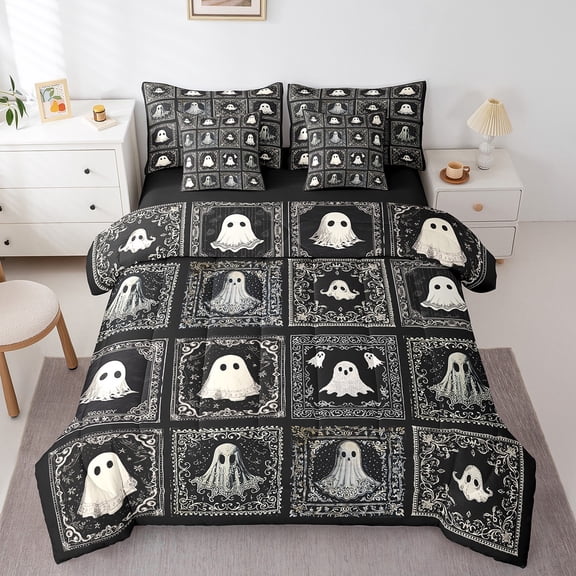 Manfei Cute Ghost Twin Bedding Sets 7 Pieces,Gothic Theme Print Bedding Comforter Set 7 Pieces,Geometric Grid Sheet Sets,Breathable Bedroom Decorative Reversible
