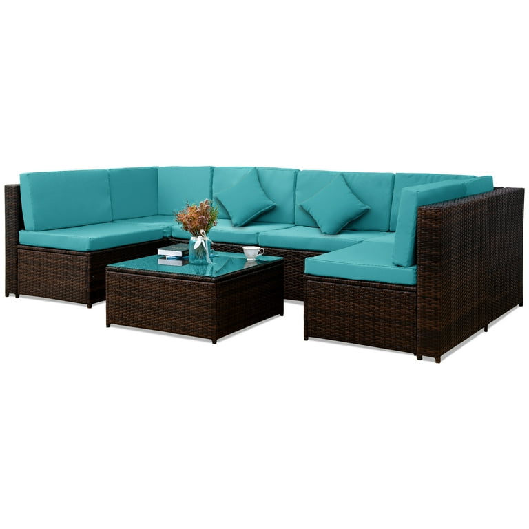 Merax 7 Piece Patio Furniture Set PE Rattan Sectional with Glass