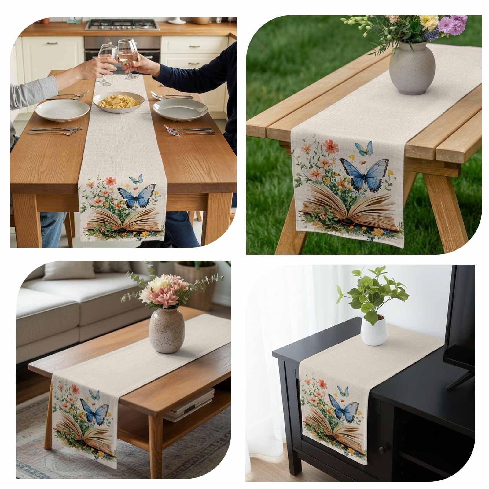 Butterfly Book Table Runner 13x90 inch Spring Flowers Cotton Linen Dining Table Runner Ideal for Dresser Kitchen Coffee Tables - Machine Washable
