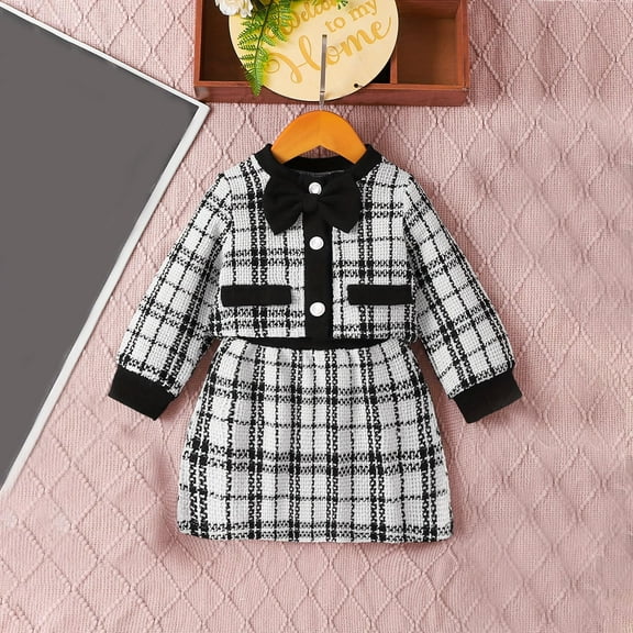 Owordtank Toddler Kids Baby Girls Plaid Skirt Set Cardigan Jacket Coat Tutu Dress Set Long Sleeve Outfits Fall Outfit Set