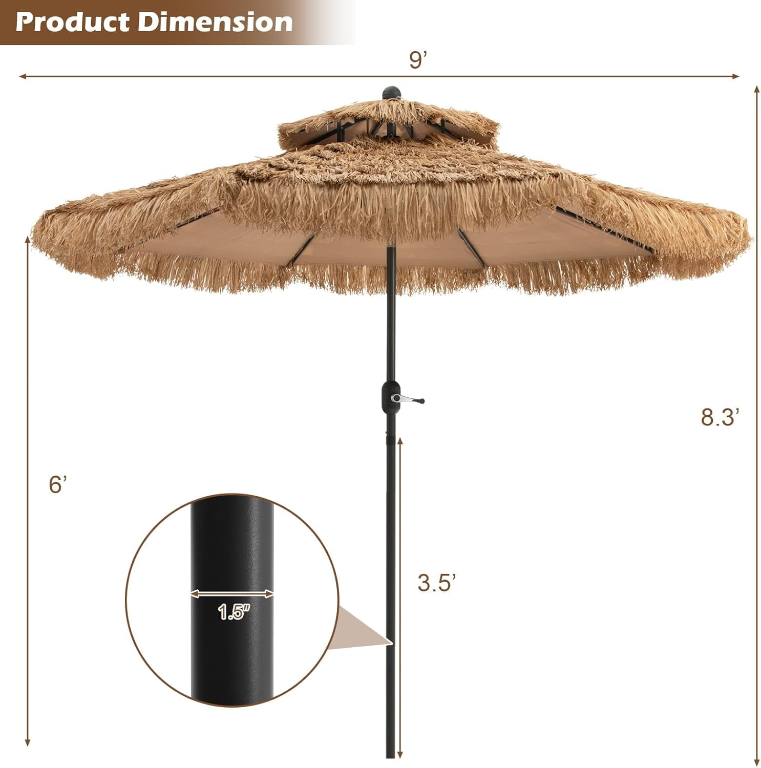 RELAX4LIFE 9FT Thatched Tiki Patio Umbrella - 2-Tier Hawaiian Hula Style Beach Umbrella w/8 Ribs, Tilt Adjustment & Crank Lift, Straw Grass Pool Umbrellas, Tropical Palapa Tiki Umbrella Outdoor Patio
