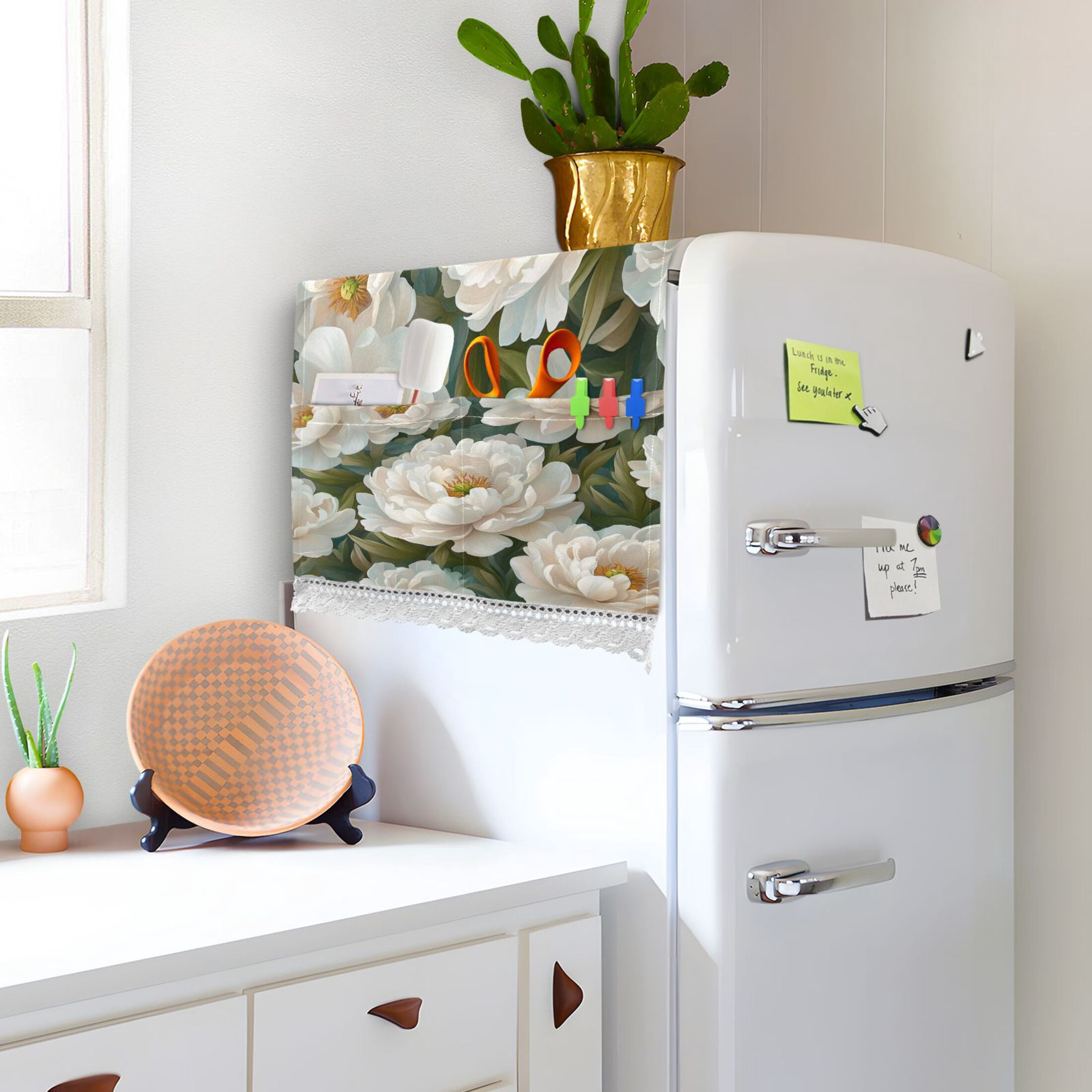 Cartoon White PeonyWasher and Dryer Covers Dust-Proof and Oil Resistant Fridge Cover with 4 Storage Pockets Washing Machine Top Cover for Laundry Kitchen Home 51.2 x 22 In