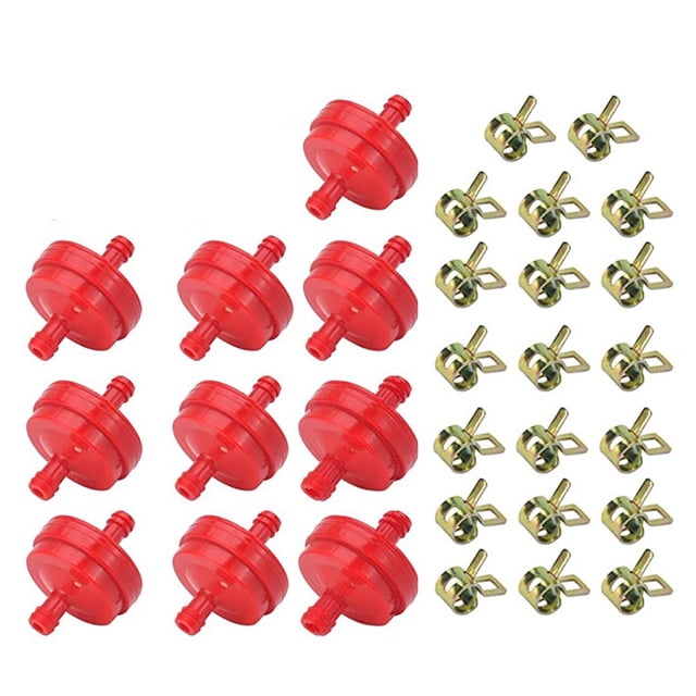 MYG Red Inline Fuel Filter Kit for Lawn Mower 1/4 Inch ID Fuel Line with 20 Hose Clamps Clips High Quality PP Material for Small Engines Motorcycles Power Equipment