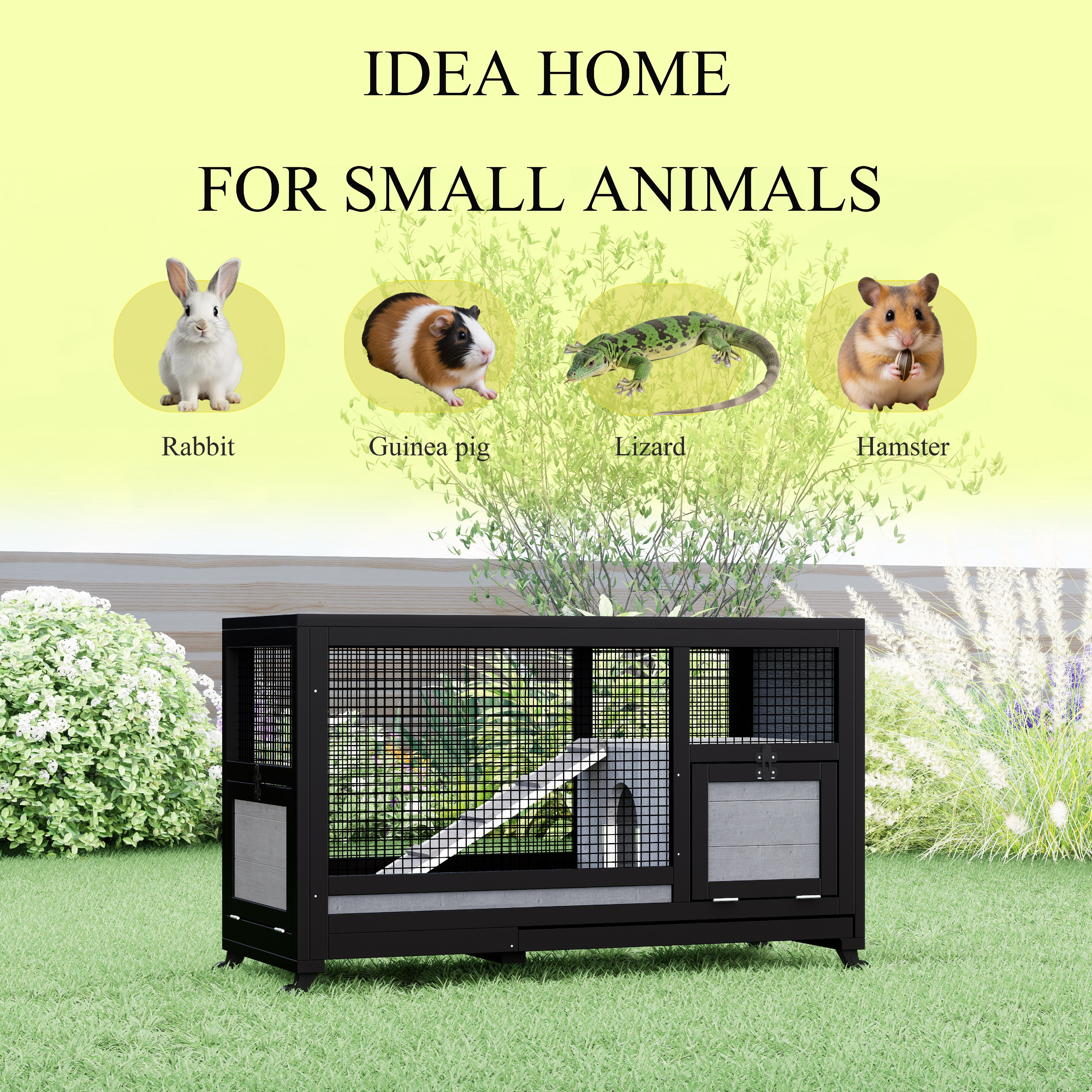 Rabbit Hutch with Wheels for Indoor Outdoor, Wooden Rabbit Cage with Removable Leak Proof Tray, Mobile Bunny Cage