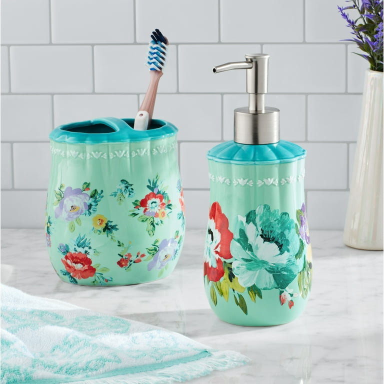 The Pioneer Woman 5-Piece Soap-Dispensing Dish Wand and Palm Brush Set, Floral/Teal