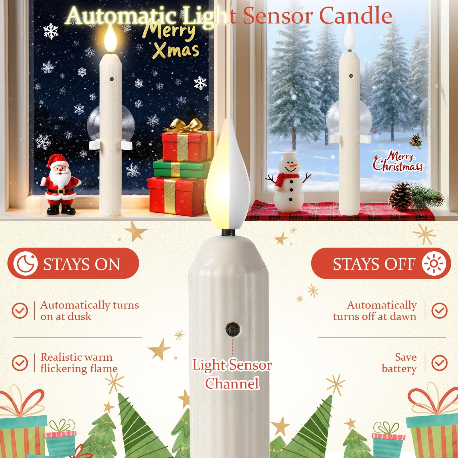 Classic Style Christmas Window Decorations - 12 Sets Battery Operated Window Candles with Dusk to Dawn Sensor, Flameless LED Candlesticks Bulk for Xmas Decor