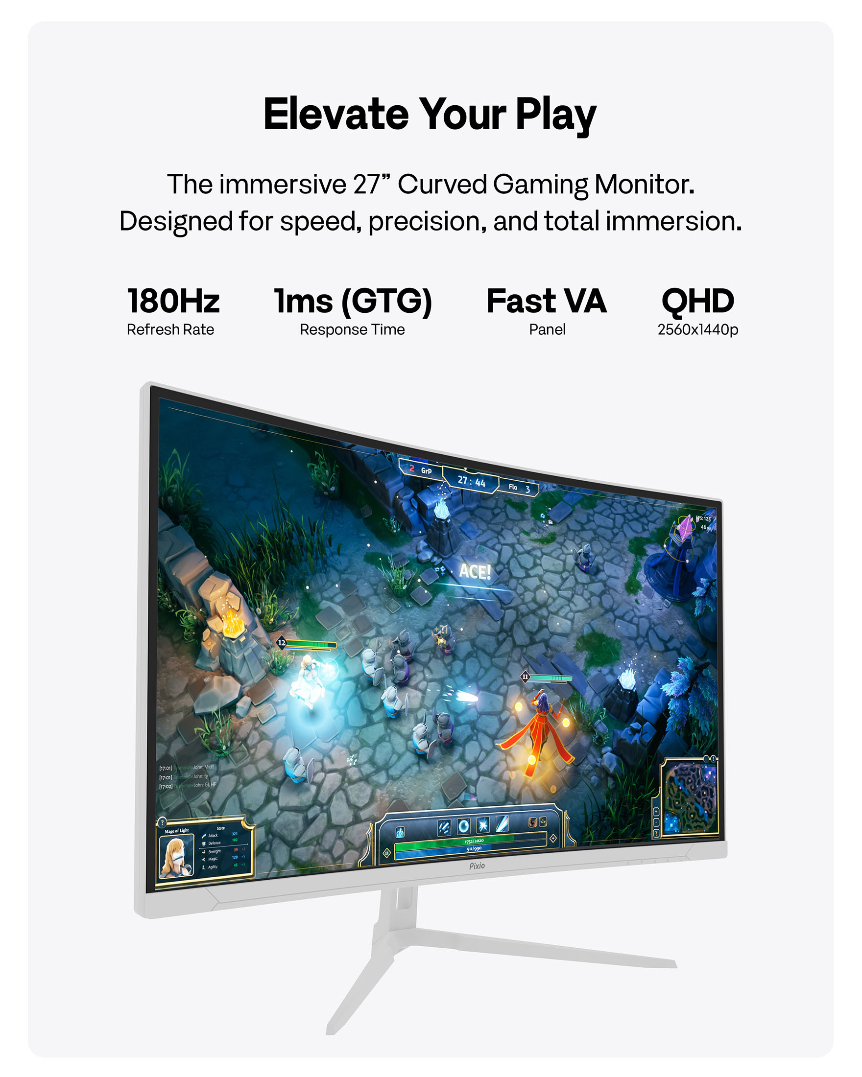 Pixio PXC278 Wave White 27 inch 180Hz Refresh Rate QHD 1440p Resolution 1650R Curved Fast VA Panel 1ms GTG Response Time Adaptive Sync HDR Curved Gaming Monitor