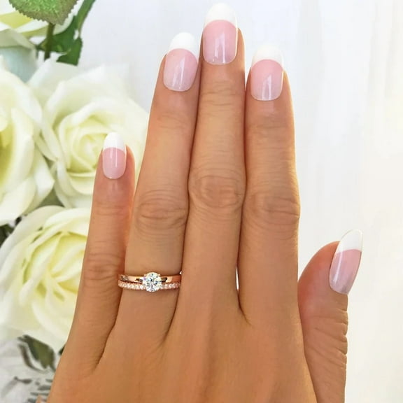 Aishvi Jewels 1 Ct Round Cut Real Moissanite Bridal Set Solitaire Engagement Ring 14K White Gold Plated