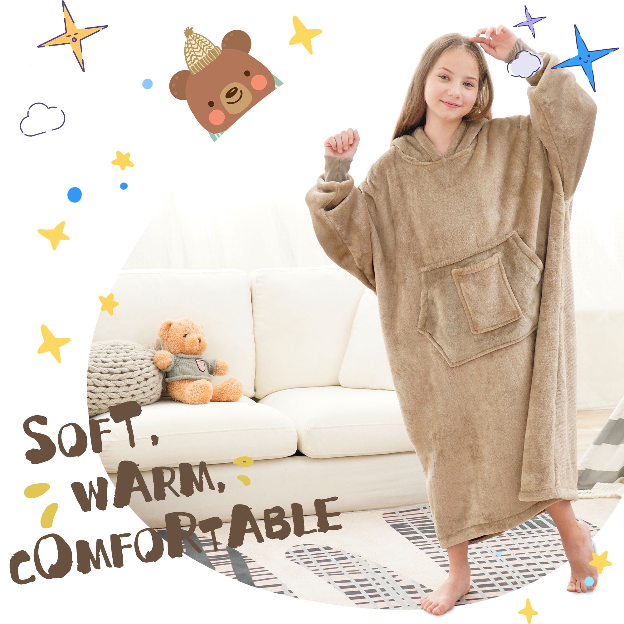 REDESS Oversized Wearable Blanket Hoodie Sweatshirt for Unisex Boy and Girl-Brown