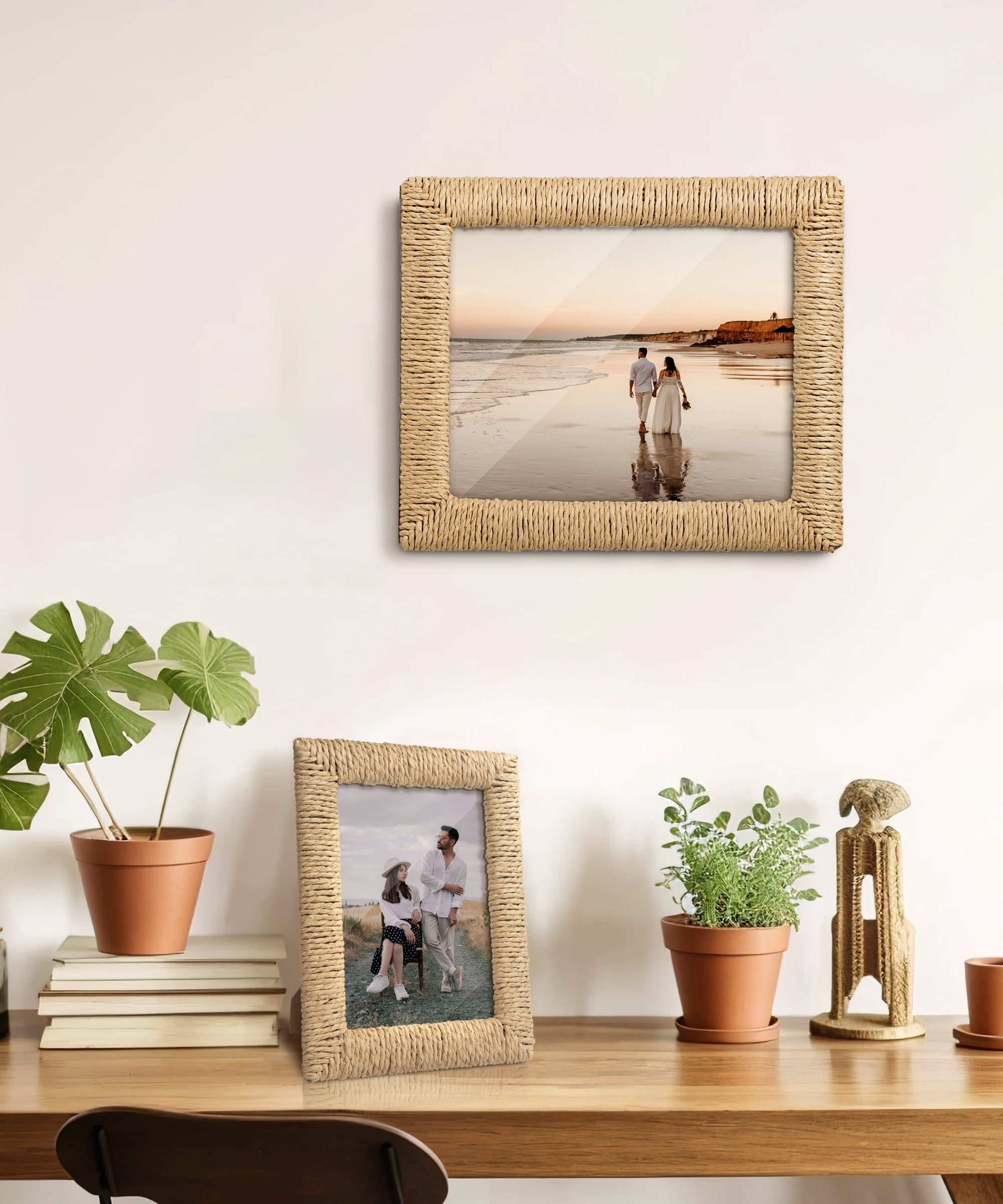 Afuly 8x10 Picture Frame, Boho Picture Frame with Glass and Paper Rope for Wall Hanging or Tabletop Display, Unique Gift for Mom, Grandma, Friends