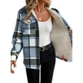thumbnail image 3 of Womens Plaid Shacket Jacket Long Sleeve Fleece Hooded Jackets Fall Winter Warm Coat Light Blue XXL, 3 of 7