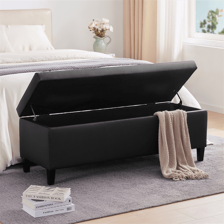 HUIMO 50.3 Rectangular Leather Storage Ottoman Bench Mid Century Modern Large Upholstered Ottoman with Storage Bedroom Bench for Living Room