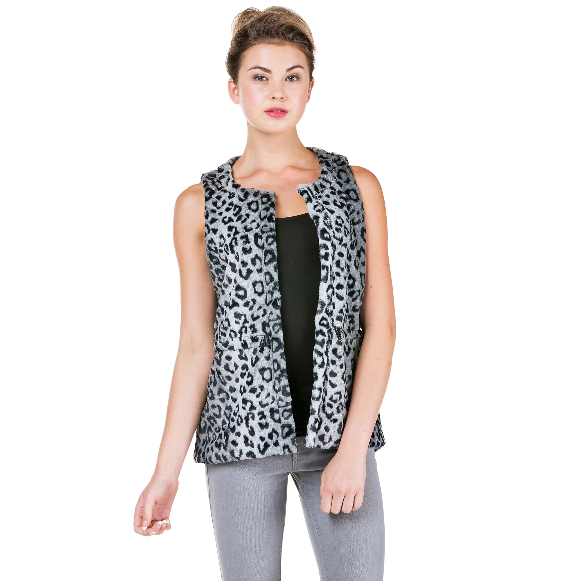 Women's Round Neck Faux Fur Open Vest (BLACK LEOPARD, MEDIUM)