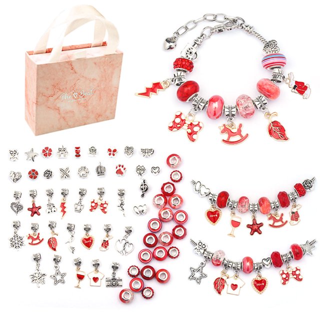 Kit de fabricación de pulseras Joyas DIY Cuentas Colgantes Set Cumpleaños Navidad Dar gracias Regalo Artesanía Accesorio Suministros para manualidades Rojo Inevent HA009248-04B