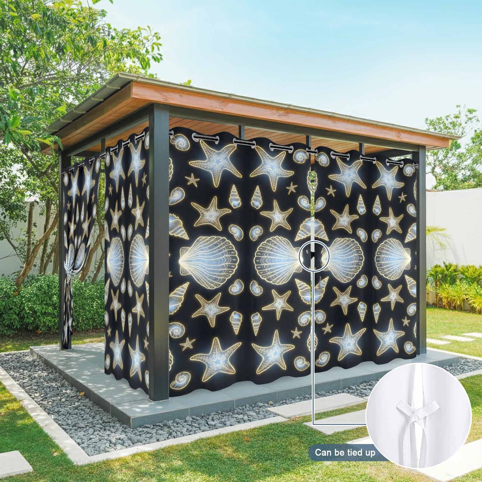 Blue Neon Coastal Outdoor Curtains for Patio, Seashell Starfish Summer Ocean Sunshade Privacy Drapes Grommet Waterproof Outside Curtains for Porch/Cabana/Balcony 54"x 108", 1 Panel