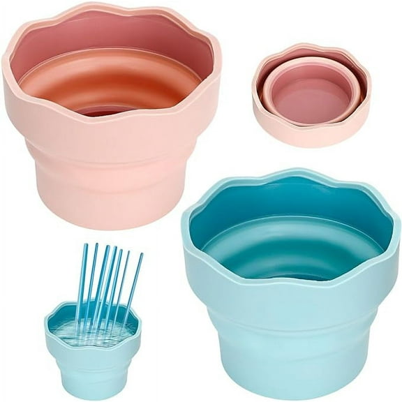 2 Pcs Foldable Paint Water Dispenser Watercolor Brush Cleaner Portable Silicone Washing Bucket for Watercolor Oil Painting (Pink, Blue)