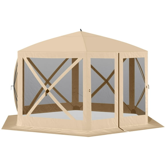Outsunny 12' x 12' Hexagone Automatique Pop Up Écran Tentes Camping Abri Pique-Nique Couvert de Soleil Extérieur W / Mesh Flancs et Sac de Transport Beige