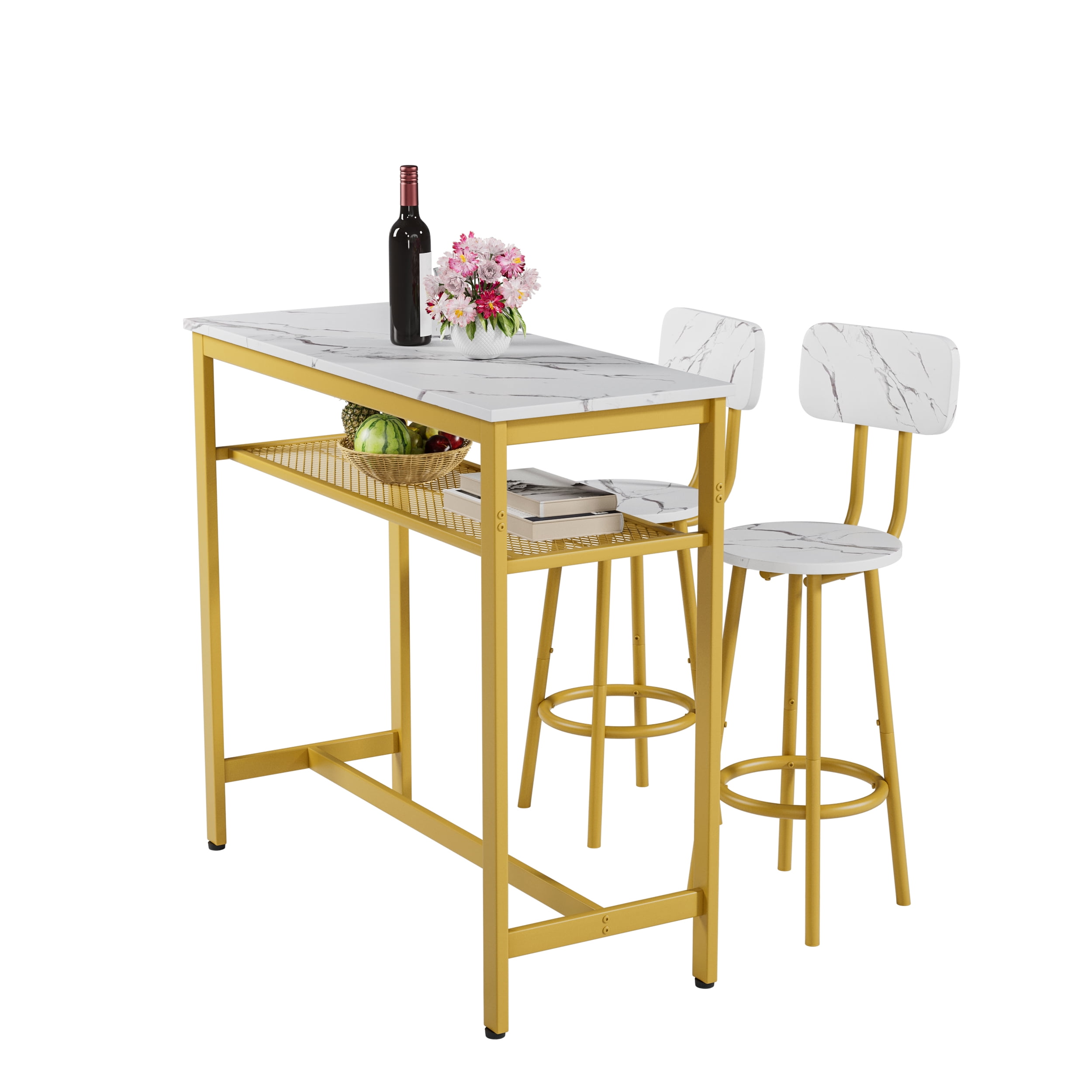 3-Piece Bar Table Set,Bistro Kitchen Table Sets with Metal Frame & Storage Rack,Modern Counter Height Table with 2 Stools for Kitchen, Dining Room, Living Room,