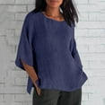 thumbnail image 4 of Tops for Women under $5 Cotton Linen Short Sleeved Round Neck T-shirt Home Casual T-shirt Navy, 4 of 6