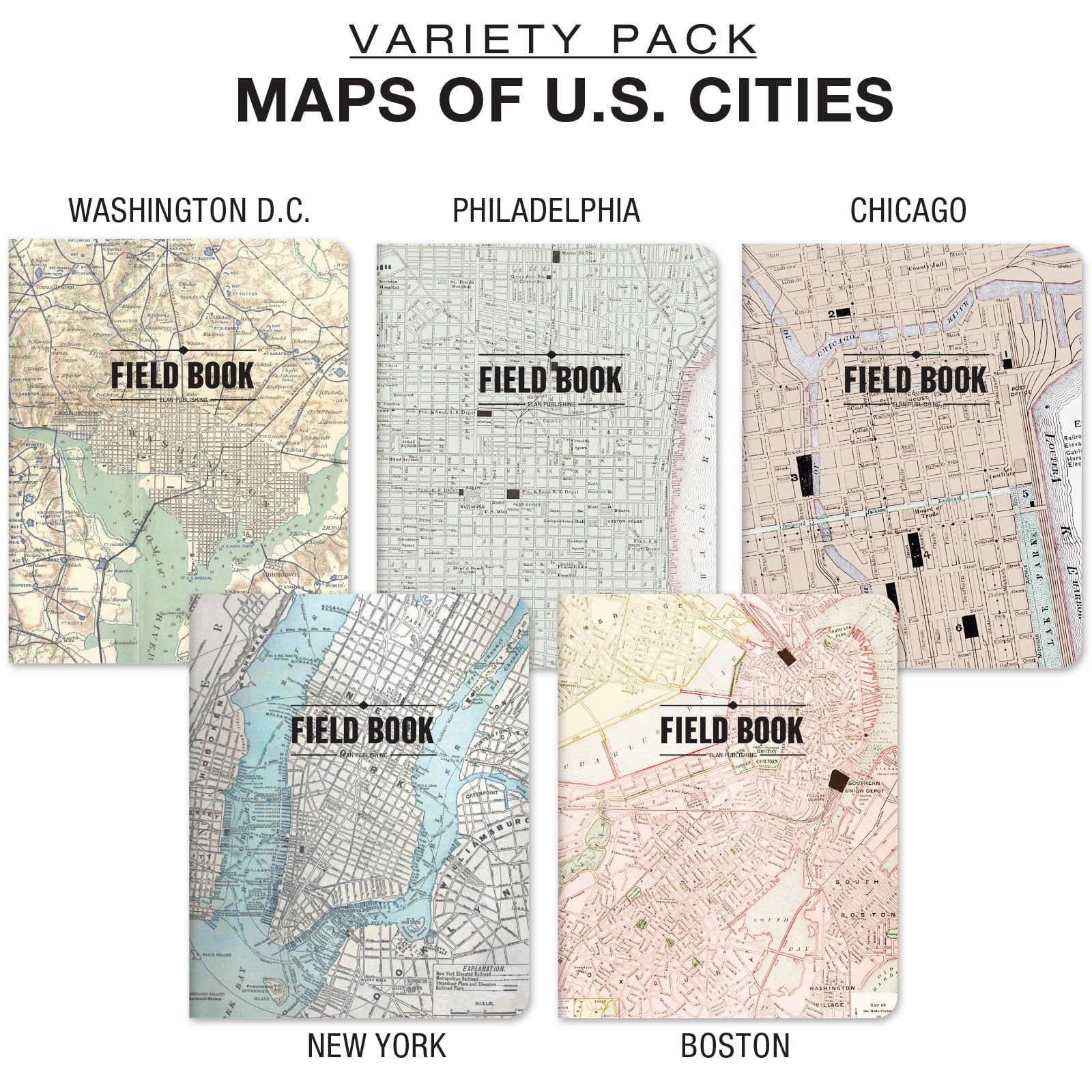 Elan Publishing Company Field Notebook/Journal - 8"x10" - Maps Covers - Lined - Pack of 5