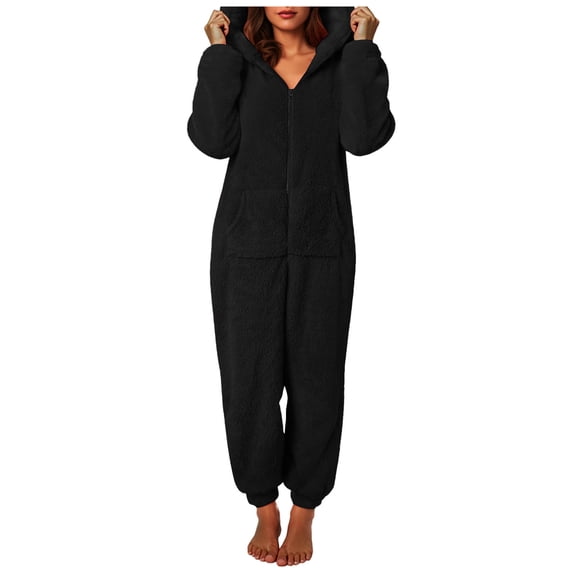 Rotm Fluffy Pajamas Winter Warm Thermal Romper Fleece Onesie Pajama One-Piece Zipper Hooded Jumpsuit Sleepwear Playsuit for Women Black,5XL