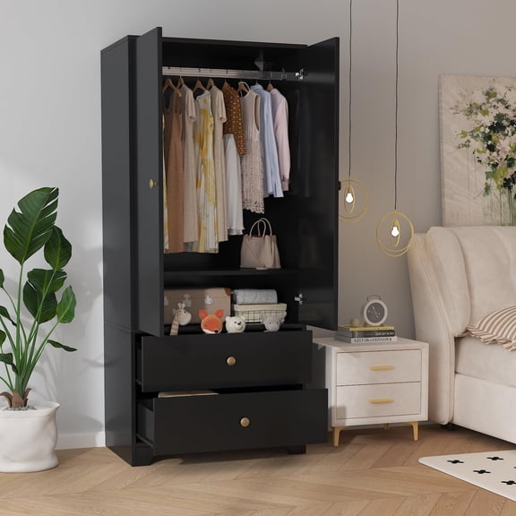 71 Inch Wardrobe Closet – Modern Wooden Armoire for Bedroom with 2 Drawers and Doors, Adjustable Shelves – Clothing Storage Unit with Aluminum Hanging Rod